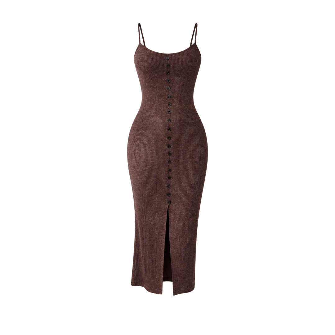 Ribbed Knit Button Midi Dress | Womens Knit Dress | The Olace Brown / M