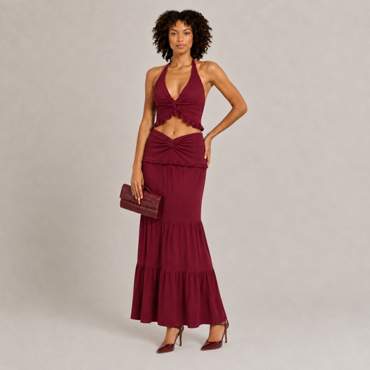 Ruched_Halter_Top_Maxi_Skirt_Set_Burgundy_The_Olace