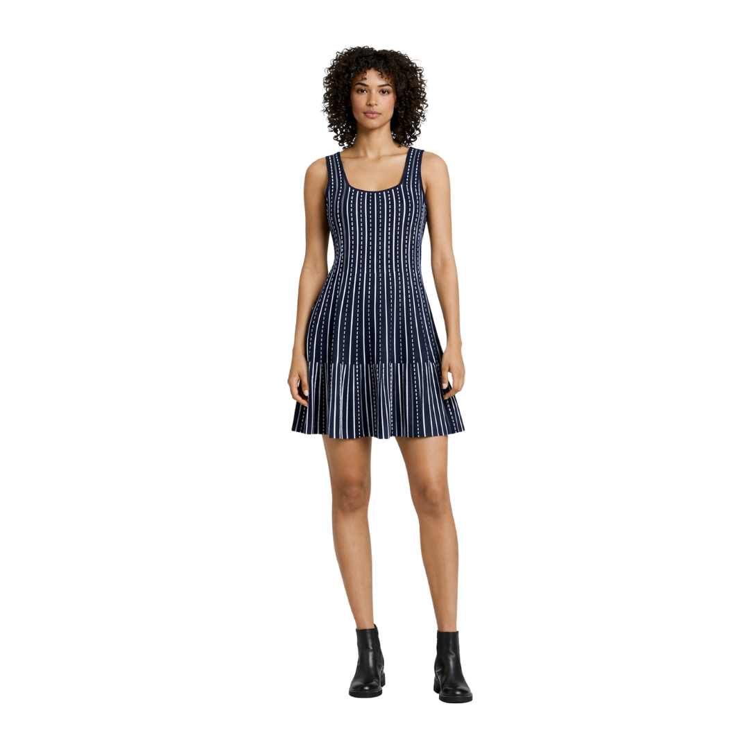 Striped Knit Dress in Blue Front View - The Olace