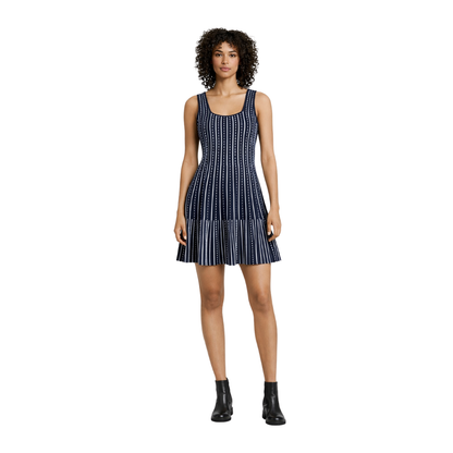 Striped Knit Dress in Blue Front View - The Olace
