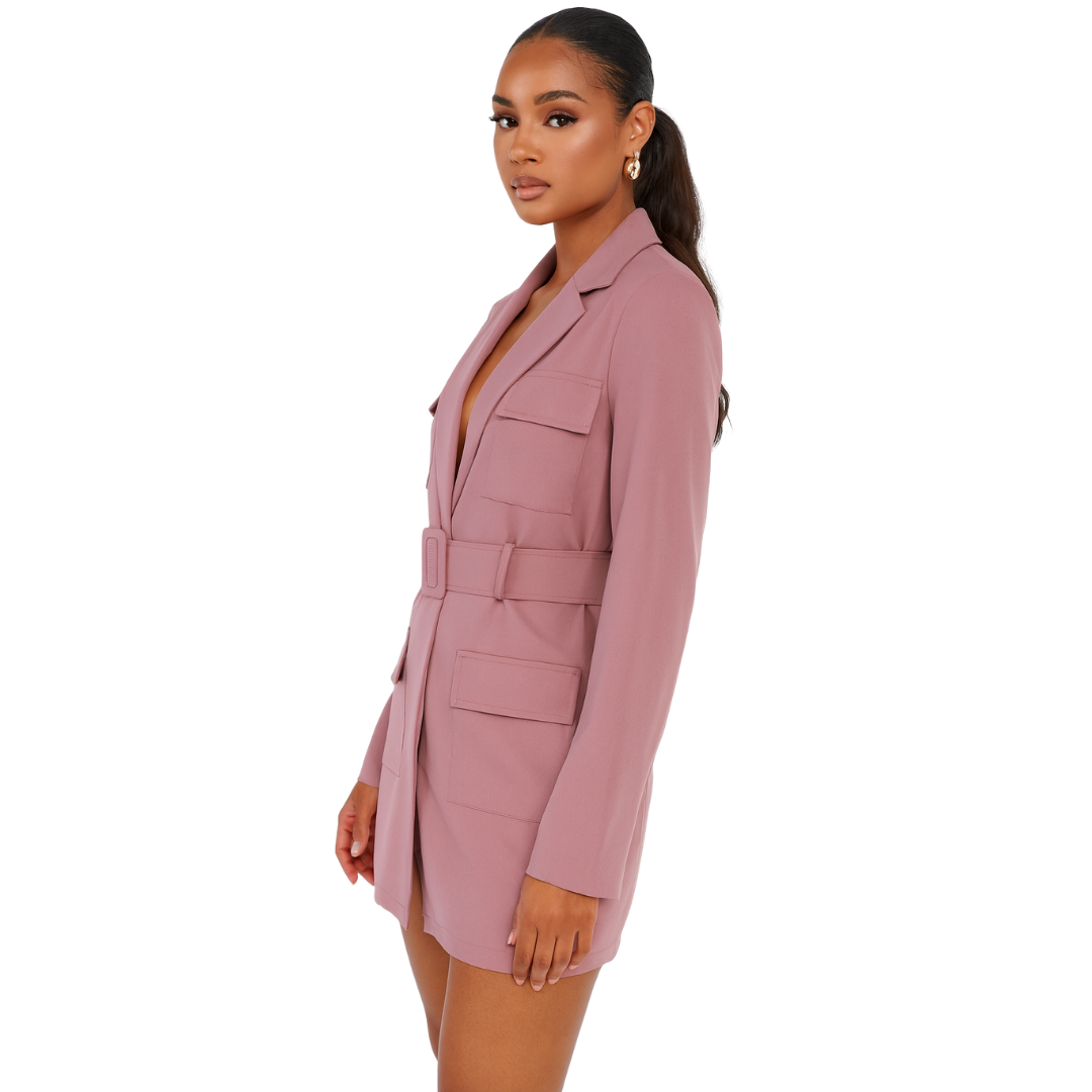 Women's pink tailored long-sleeve mini dress with belt – The Olace