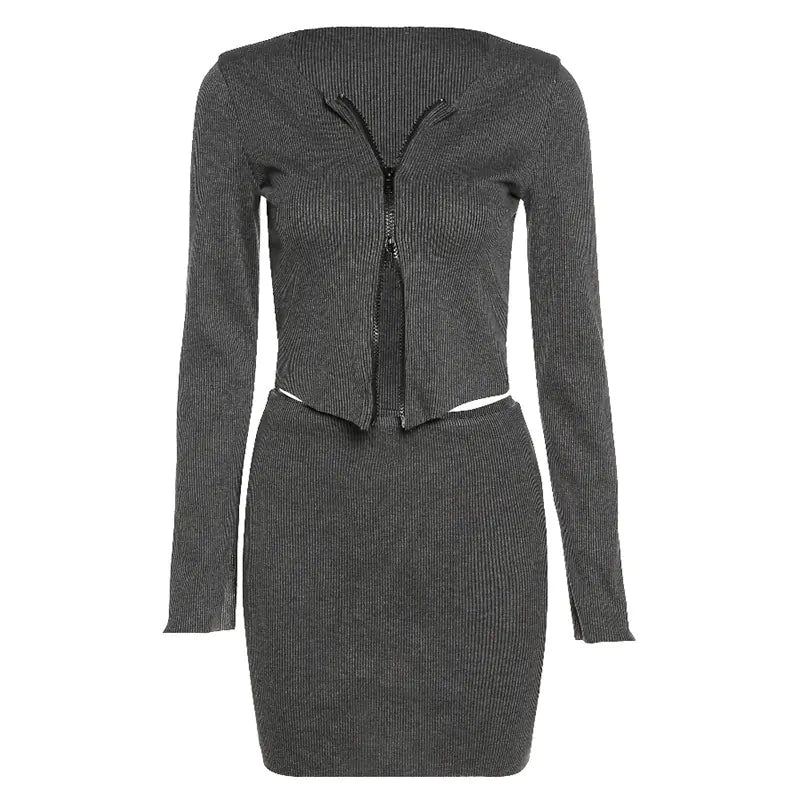 Women’s zip cardigan and skirt set flat lay – The Olace