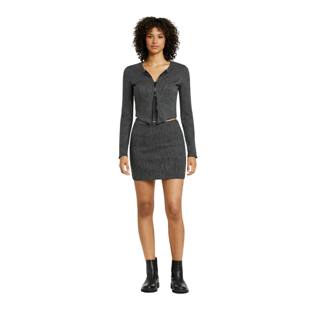 Women’s zip cardigan and skirt set front view – The Olace