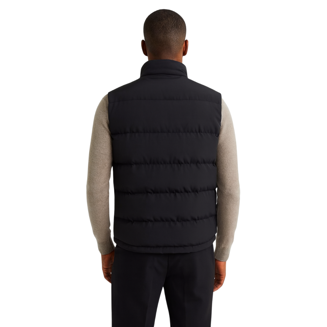 back view black windproof lightweight puffer vest with zip-front closure – The Olace