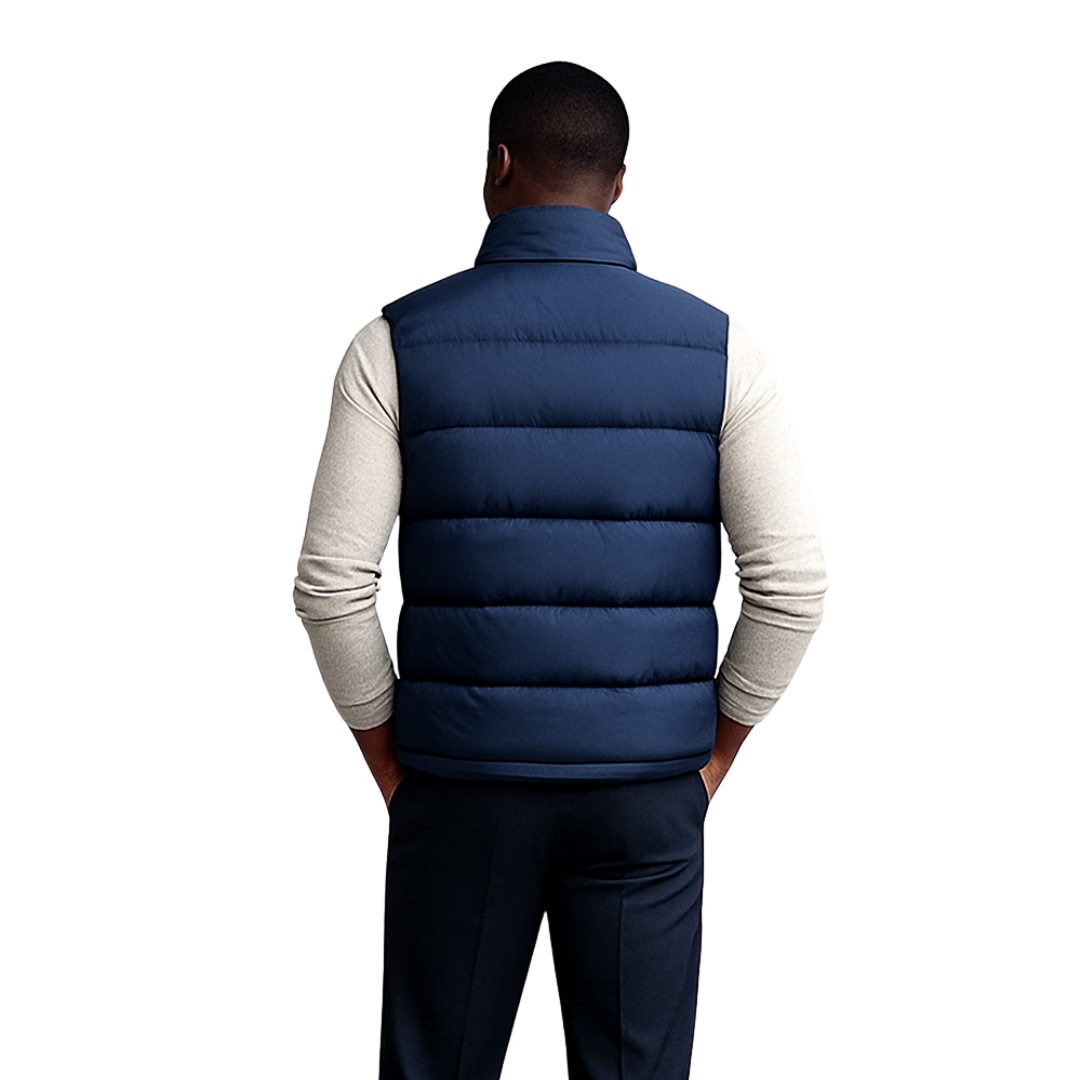 back view blue windproof lightweight puffer vest with zip-front closure – The Olace