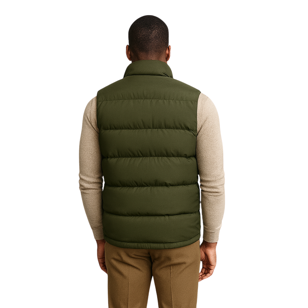 back view green windproof lightweight puffer vest with zip-front closure – The Olace