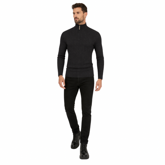 black knitted zip polo sweater with ribbed texture – The Olace