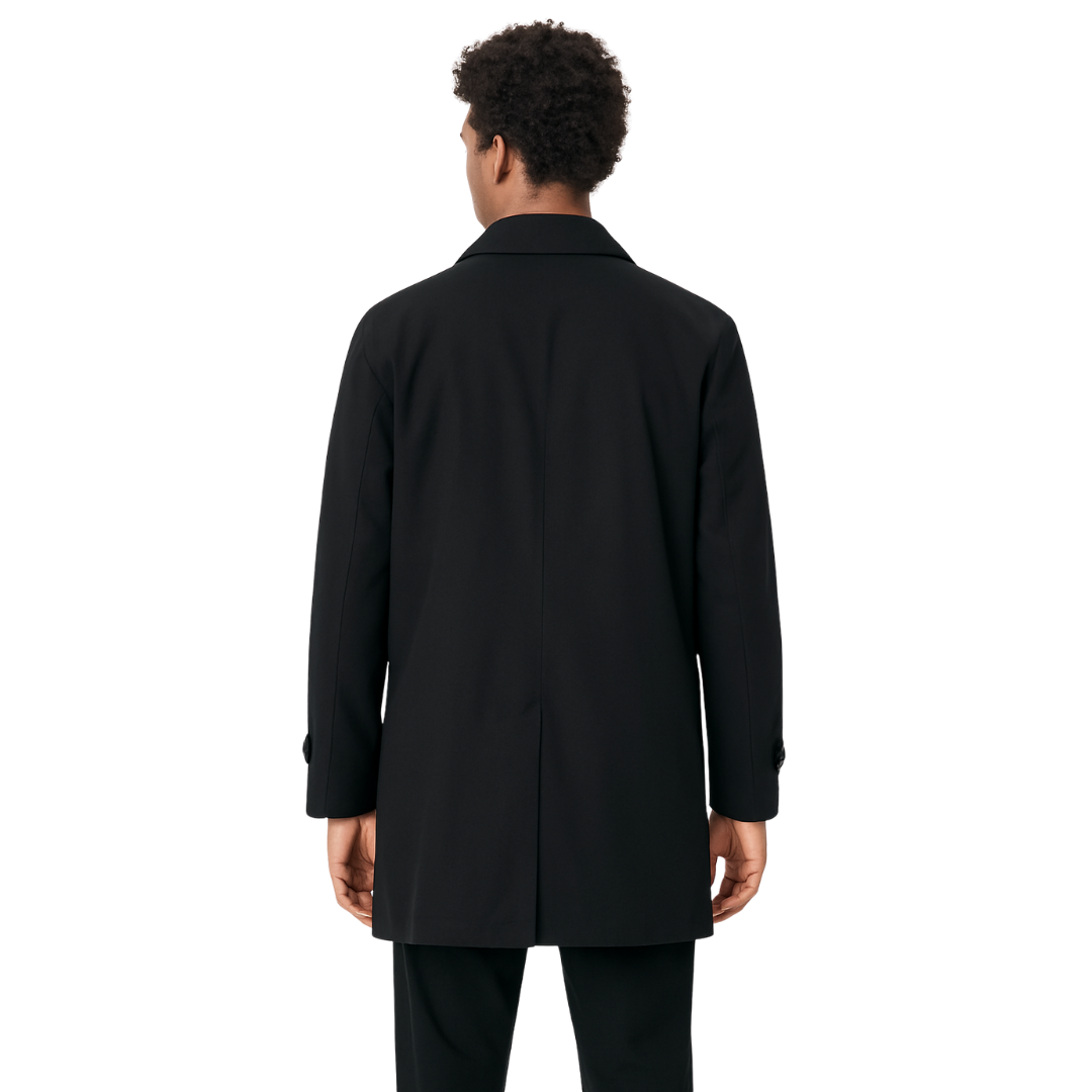 men’s classic city trench coat in black, back view – The Olace