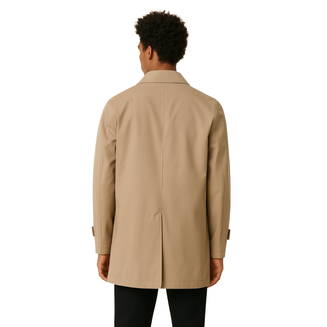 men’s classic city trench coat in khaki, back view – The Olace