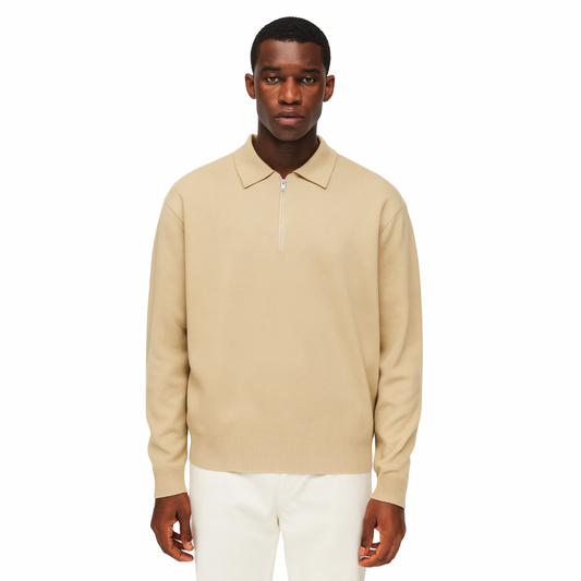 men’s knitted zip polo sweater in beige – The Olace