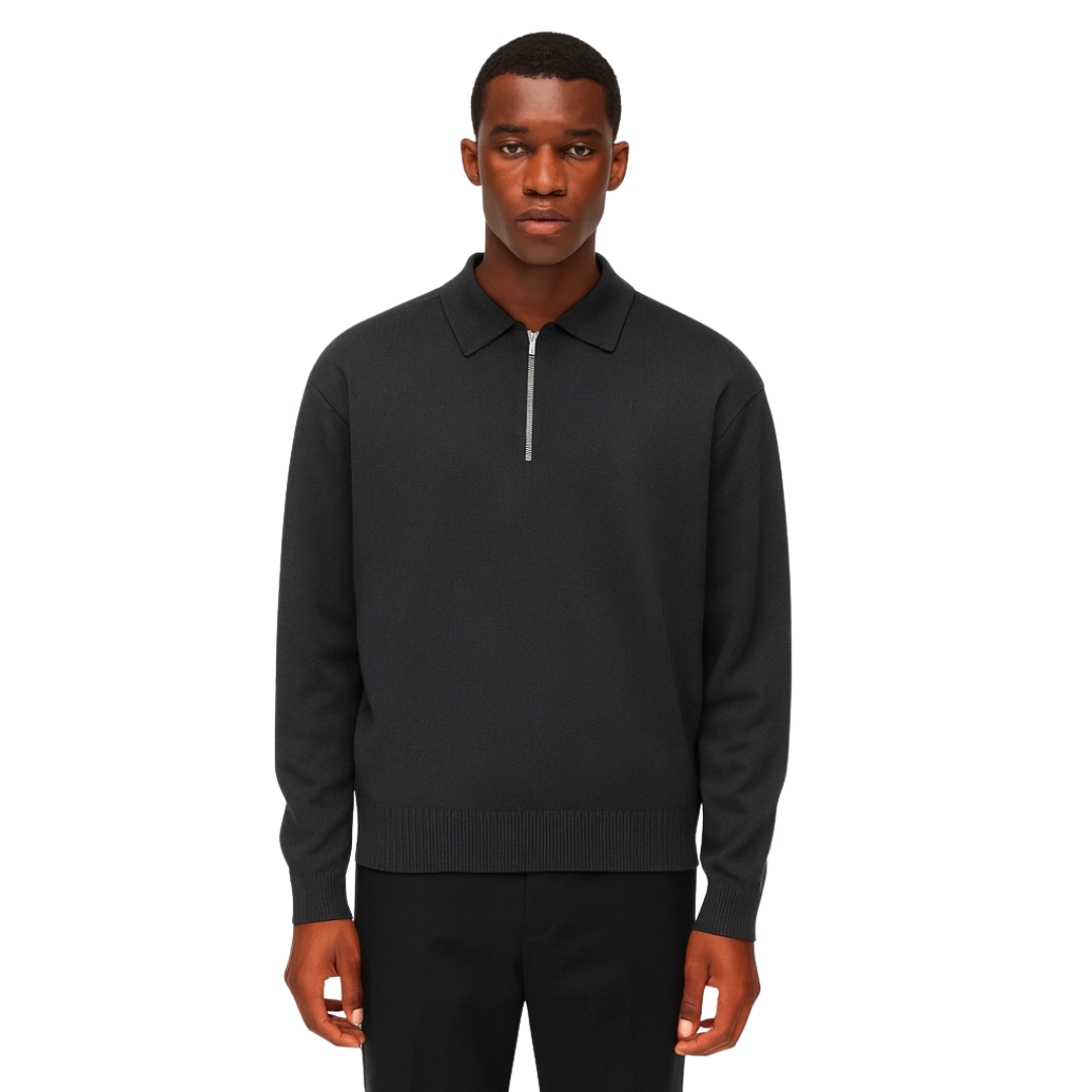 men’s knitted zip polo sweater in dark grey – The Olace