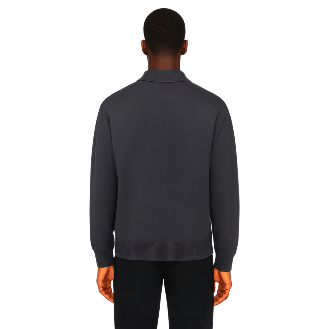 men’s knitted zip polo sweater in dark grey, back view – The Olace
