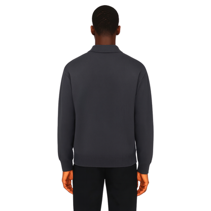 men’s knitted zip polo sweater in dark grey, back view – The Olace
