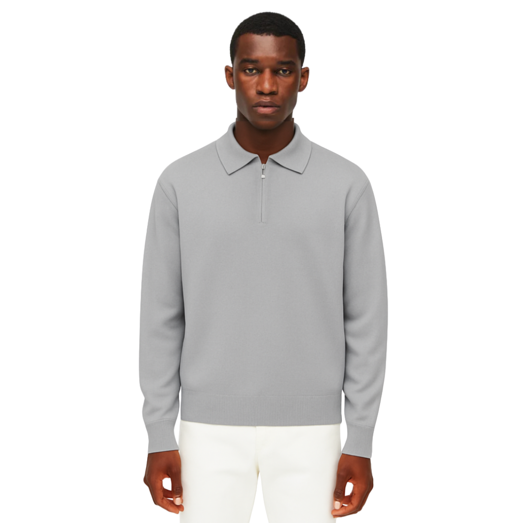 men’s knitted zip polo sweater in light grey – The Olace