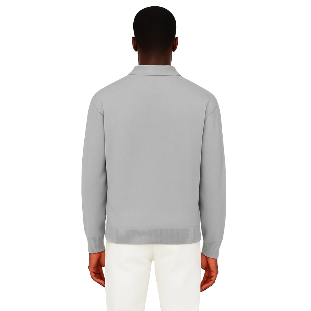 men’s knitted zip polo sweater in light grey, back view – The Olace