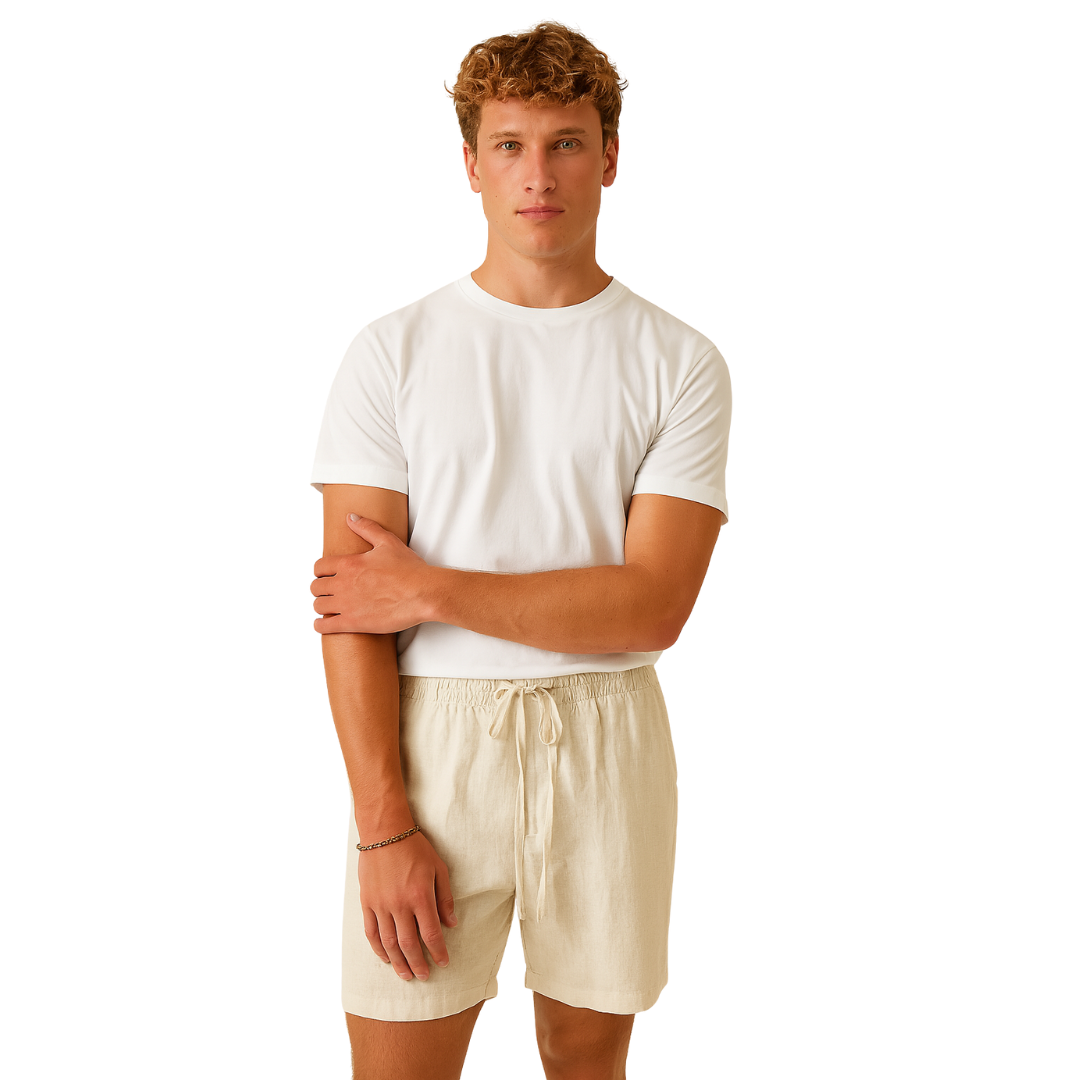 men’s loose linen shorts in beige, front view on model – The Olace