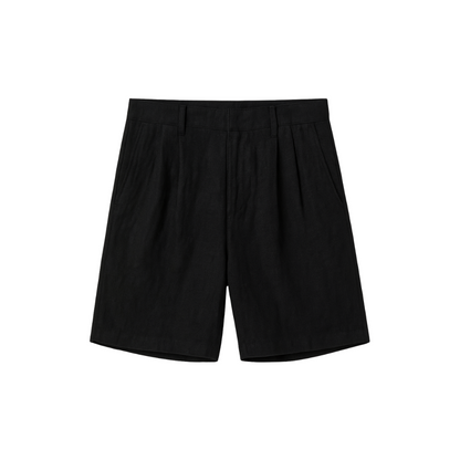 men’s loose linen shorts in black, flat front view – The Olace
