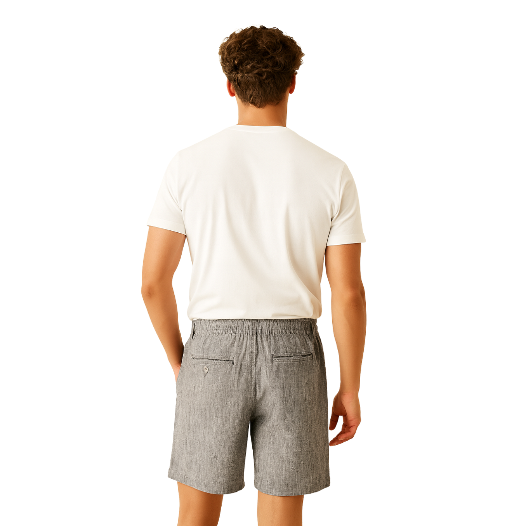 men’s loose linen shorts in dark grey, back view – The Olace