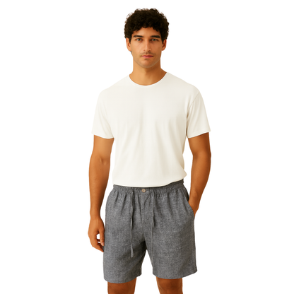 men’s loose linen shorts in dark grey, front view – The Olace