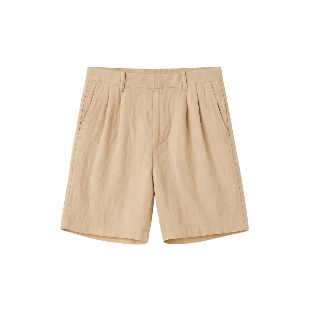 men’s loose linen shorts in khaki, flat front view – The Olace