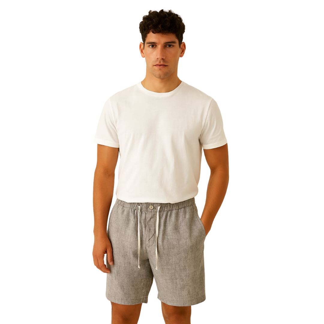 men’s loose linen shorts in light grey, front view – The Olace
