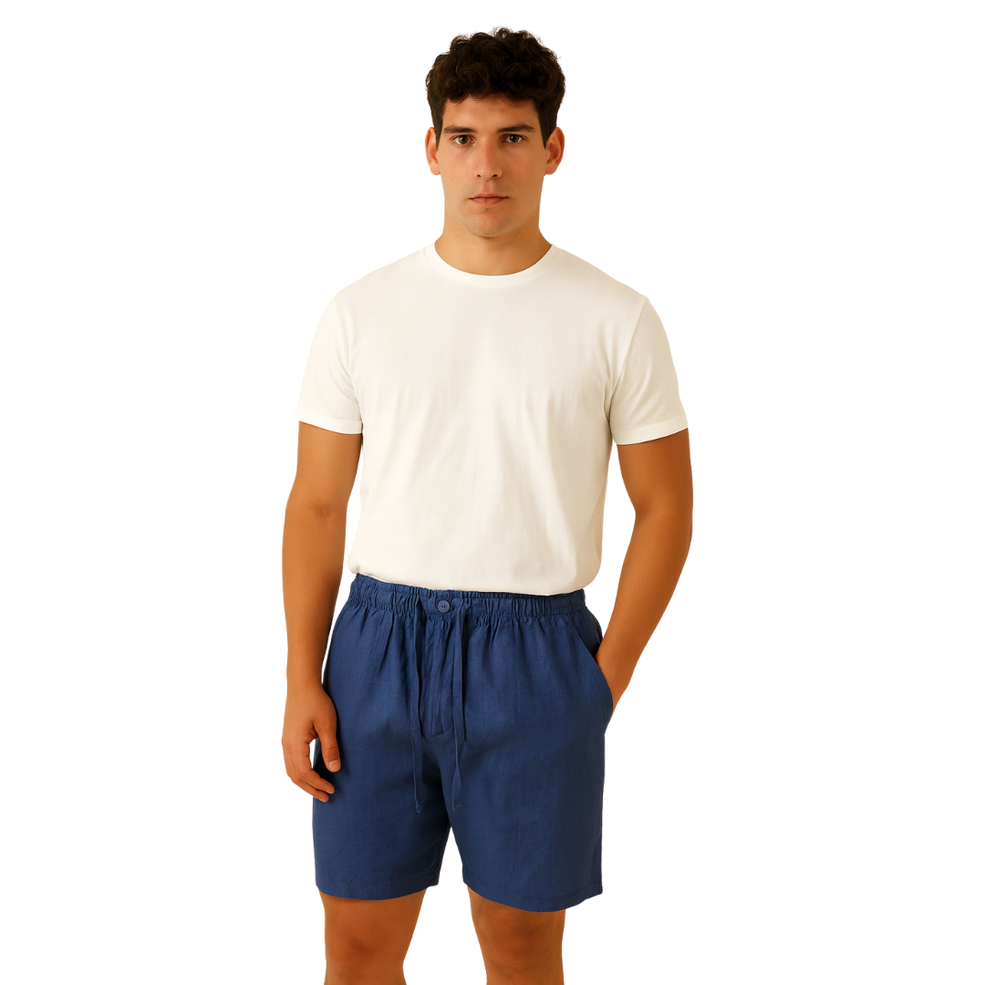 men’s loose linen shorts in navy, front view on model – The Olace
