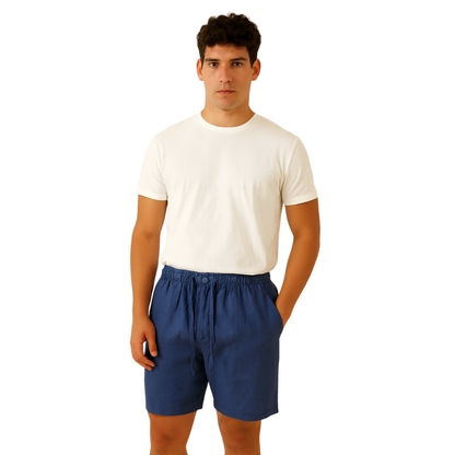men’s loose linen shorts in navy, front view on model – The Olace