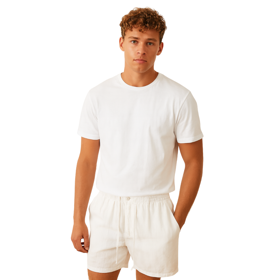 men’s loose linen shorts in white, front view on model – The Olace