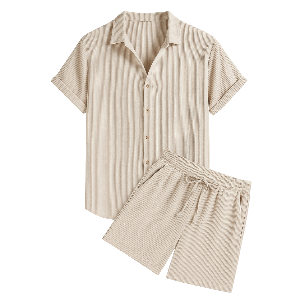 men’s ribbed polo shirt and shorts set in beige, flat lay – The Olace