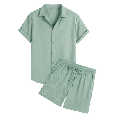 men’s ribbed polo shirt and shorts set in green, flat lay – The Olace