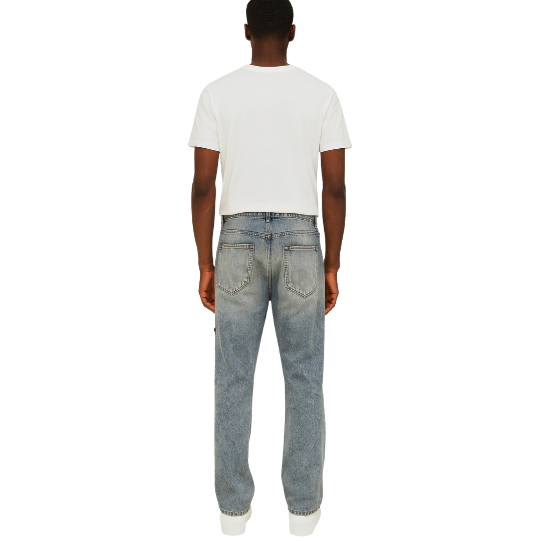 men’s vintage patchwork relaxed denim jeans, back view – The Olace