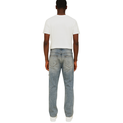 men’s vintage patchwork relaxed denim jeans, back view – The Olace