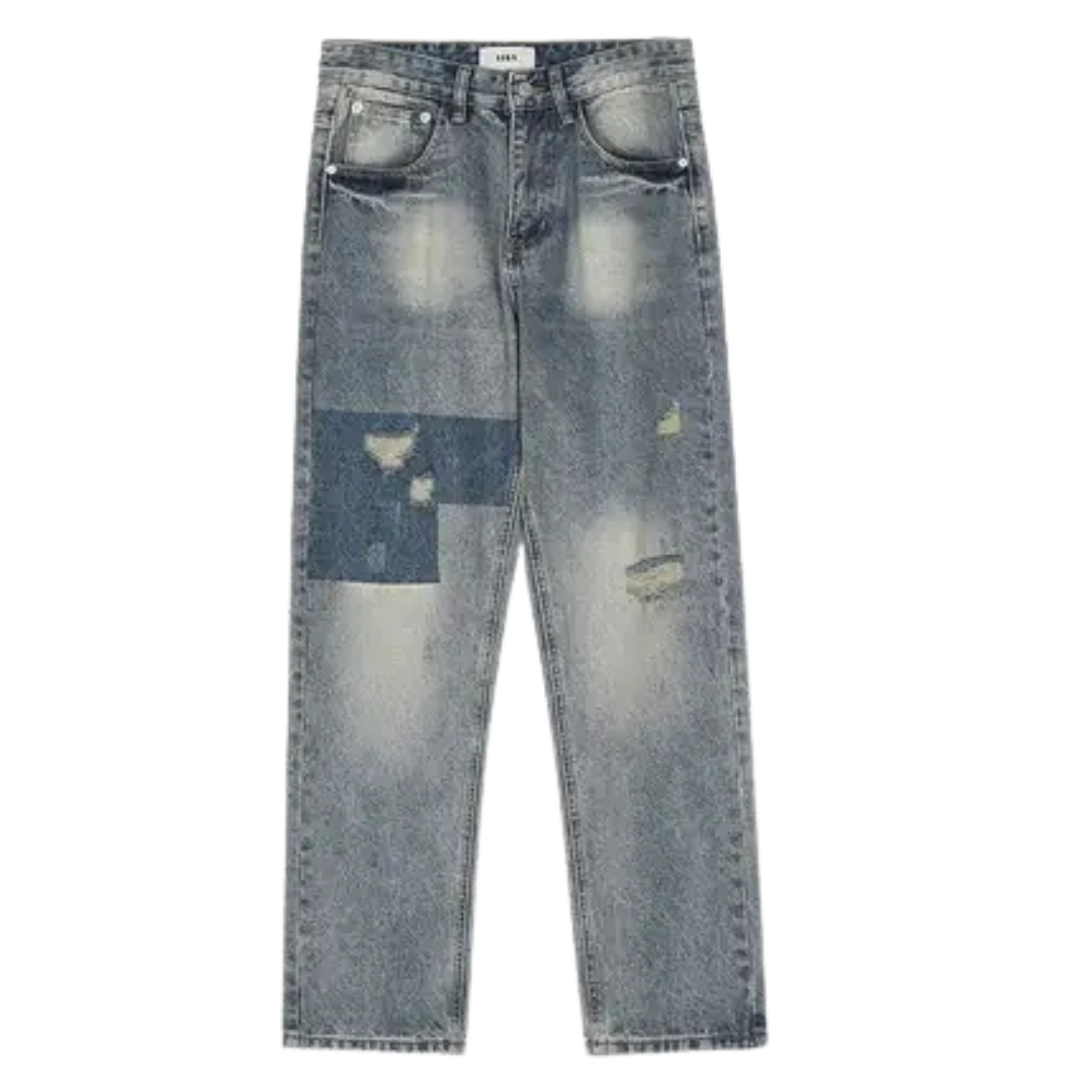 men’s vintage patchwork relaxed denim jeans, flat lay– The Olace