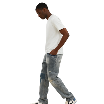 men’s vintage patchwork relaxed denim jeans, side view – The Olace