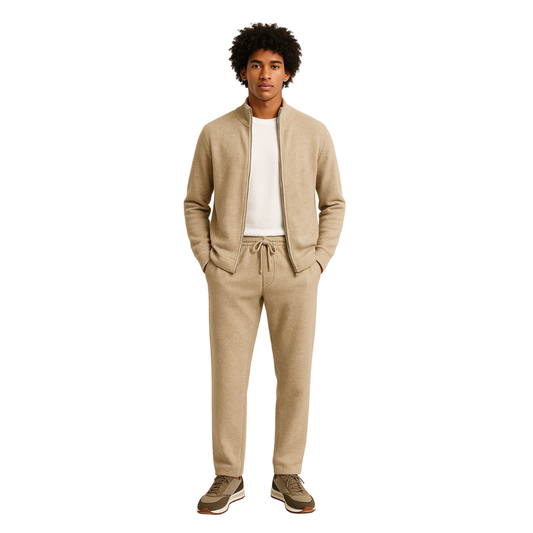 men's wool tracksuit set in sand (beige), front view – The Olace