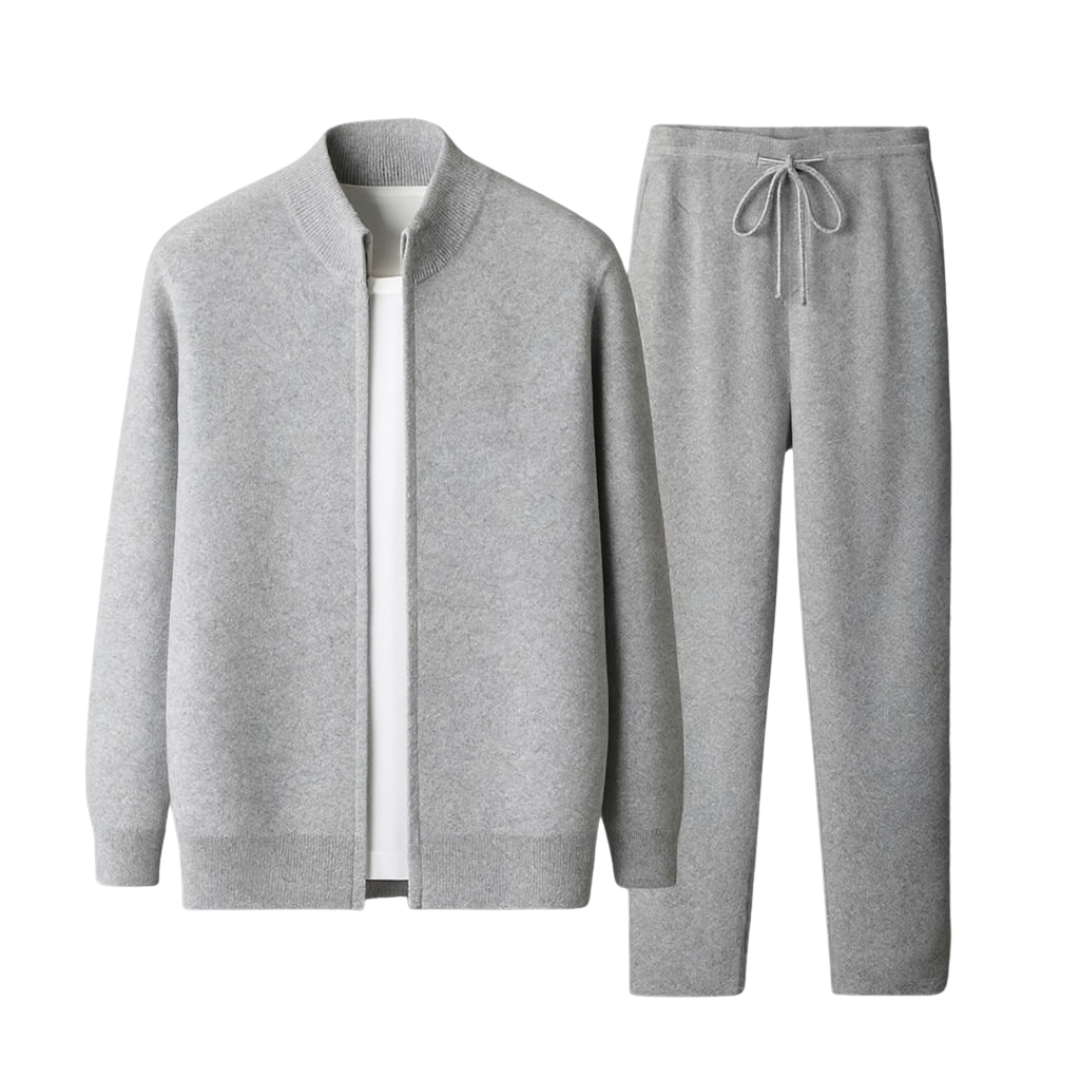 men's wool tracksuit set in stone grey (light grey), front view complete set – The Olace