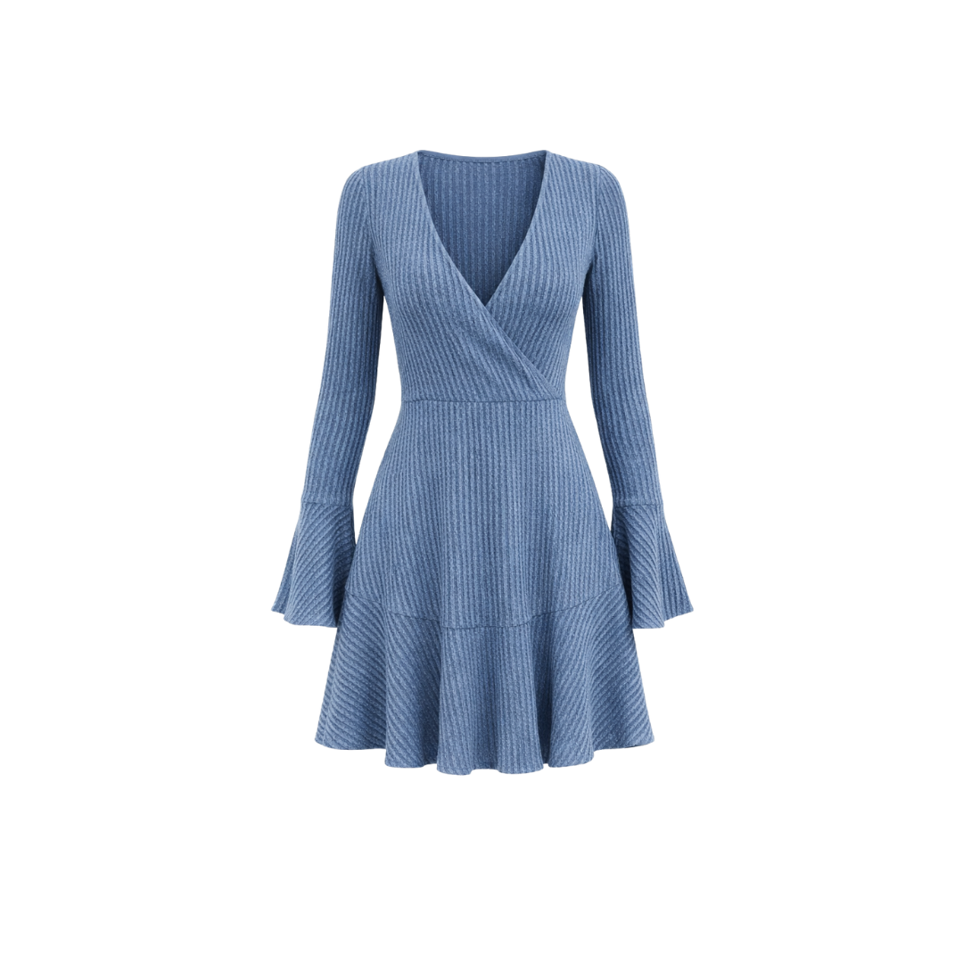 v-neck knitted mini dress blue  – The Olace