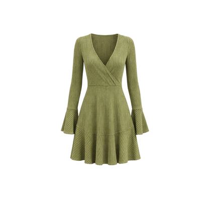 v-neck knitted mini dress green  – The Olace