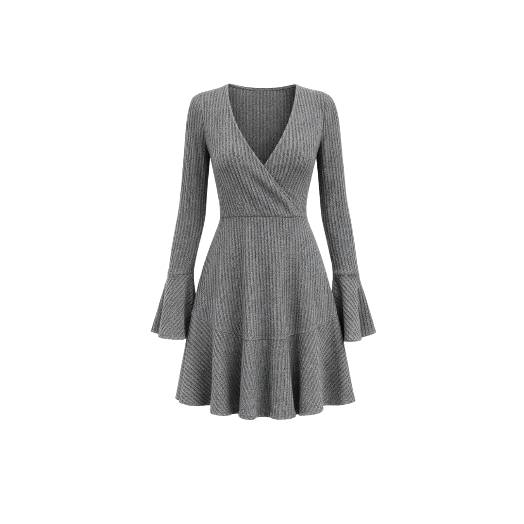 v-neck knitted mini dress grey  – The Olace