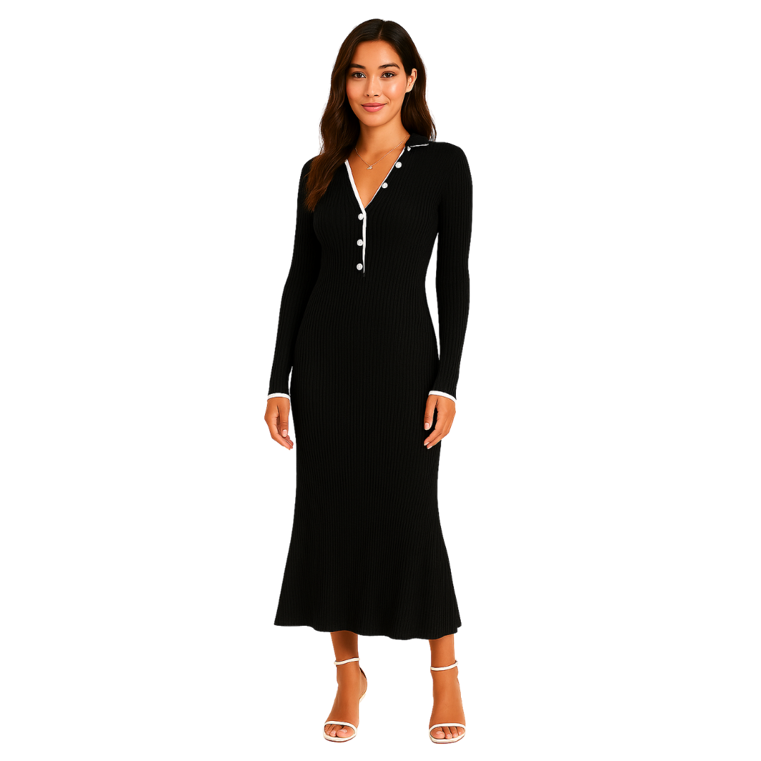 women’s black polo collar ribbed knit dress – The Olace