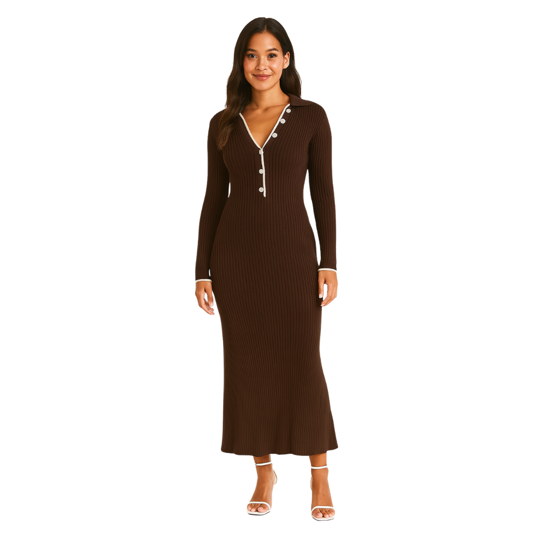 women’s brown polo collar ribbed knit dress – The Olace