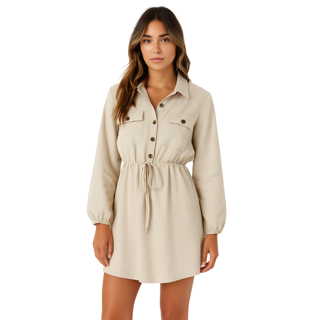 women’s cotton-linen shirt dress in beige, front view – The Olace