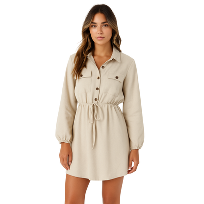 women’s cotton-linen shirt dress in beige, front view – The Olace