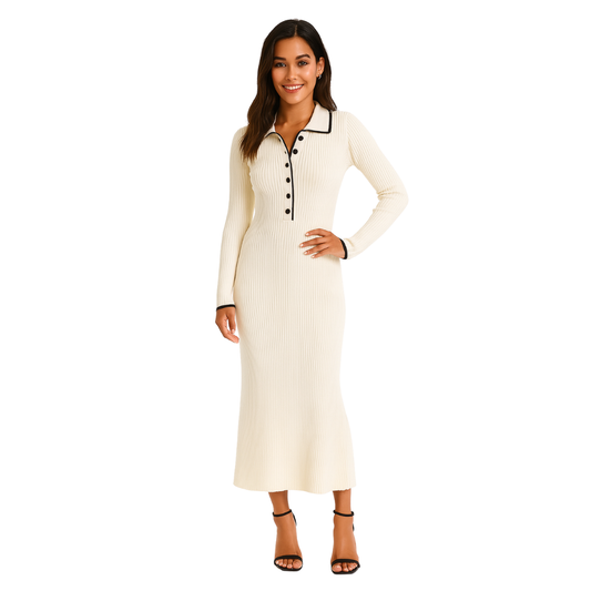 women’s cream polo collar ribbed knit dress – The Olace
