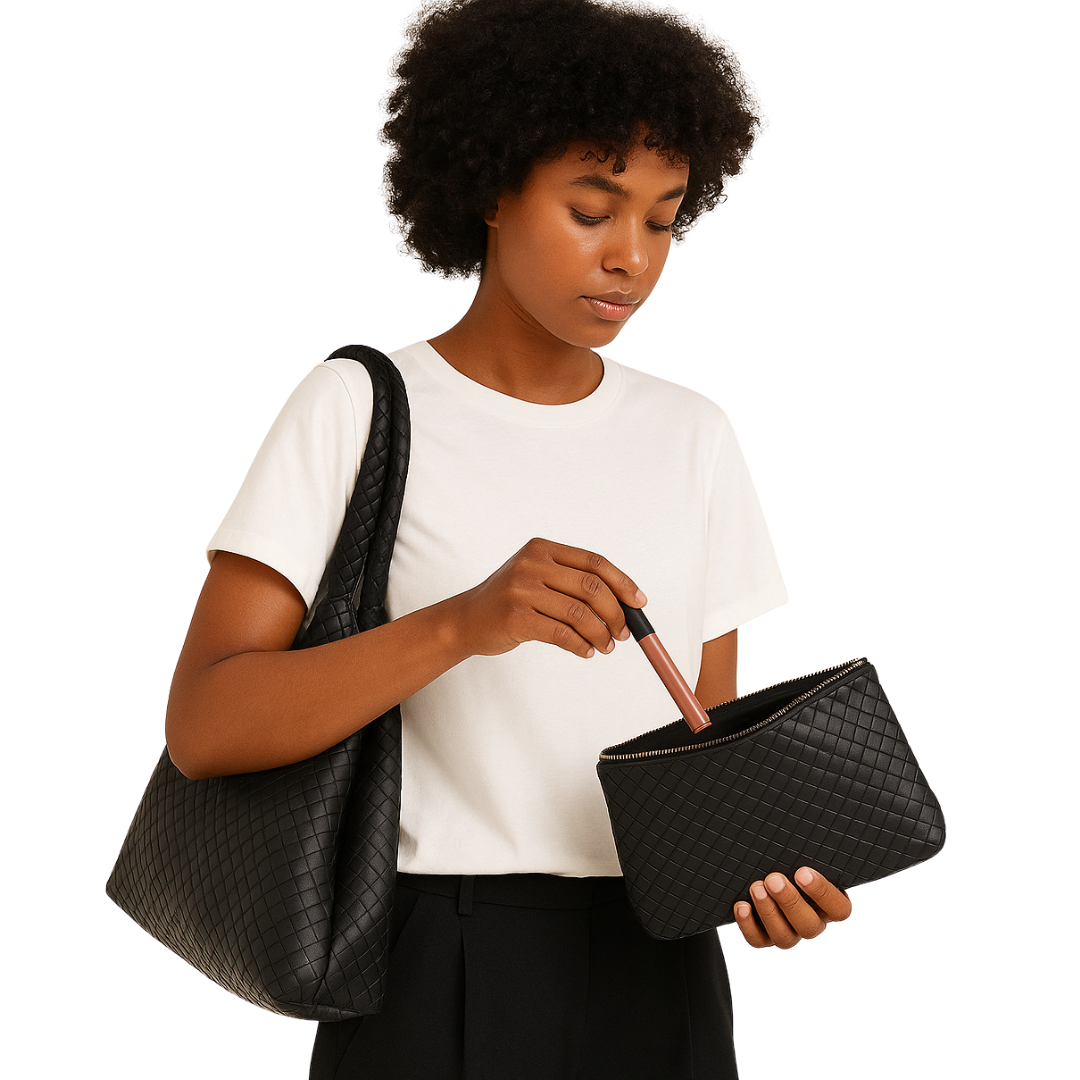 women’s hand-woven tote bag and pouch in black, lifestyle photo – The Olace