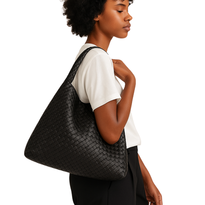 women’s hand-woven tote bag in black, lifestyle photo – The Olace