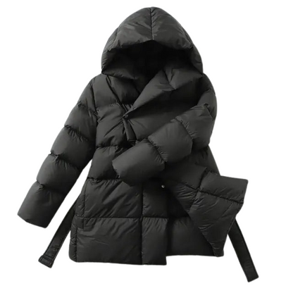 women’s hooded parka coat in black, flat lay – The Olace