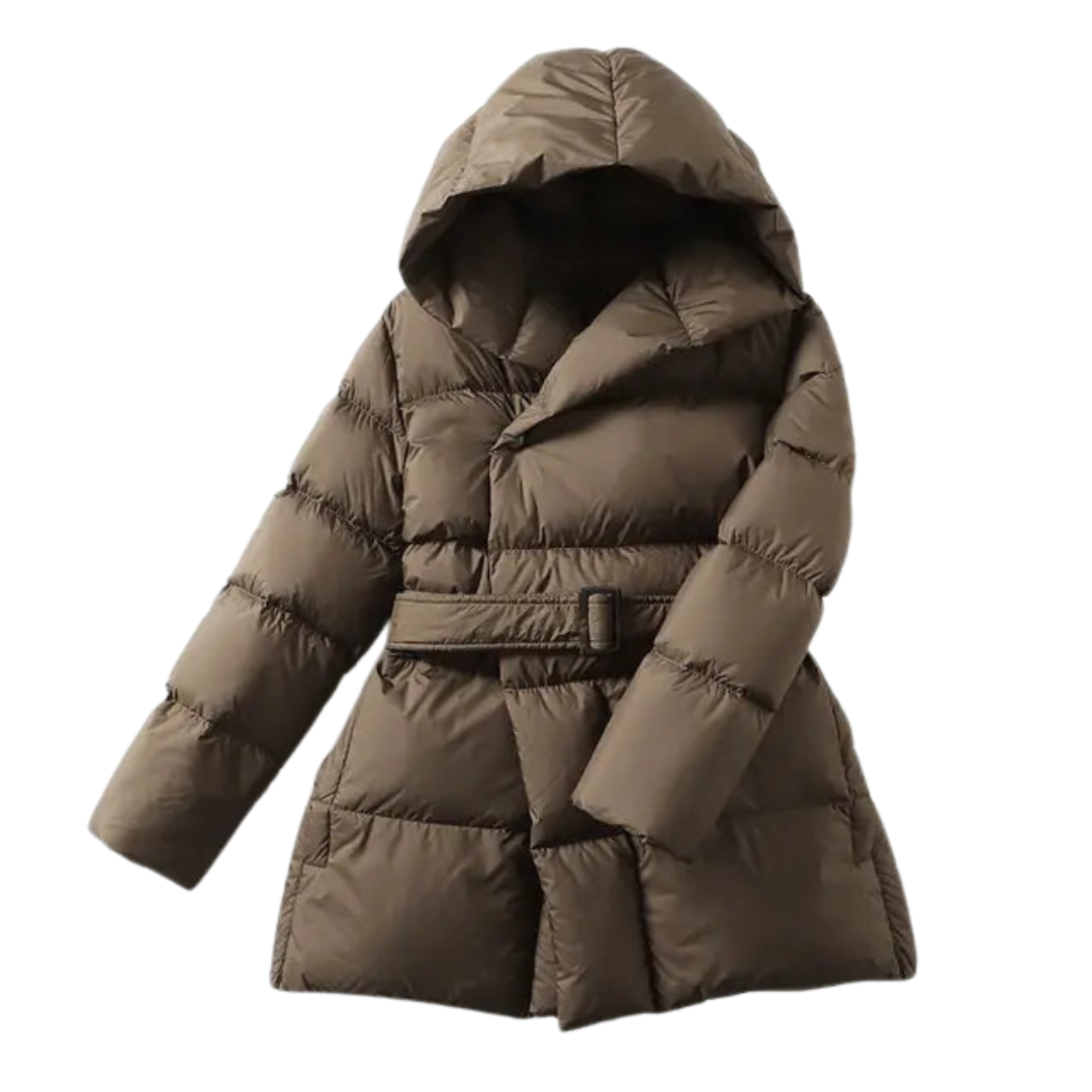 women’s hooded parka coat in brown, flat lay – The Olace