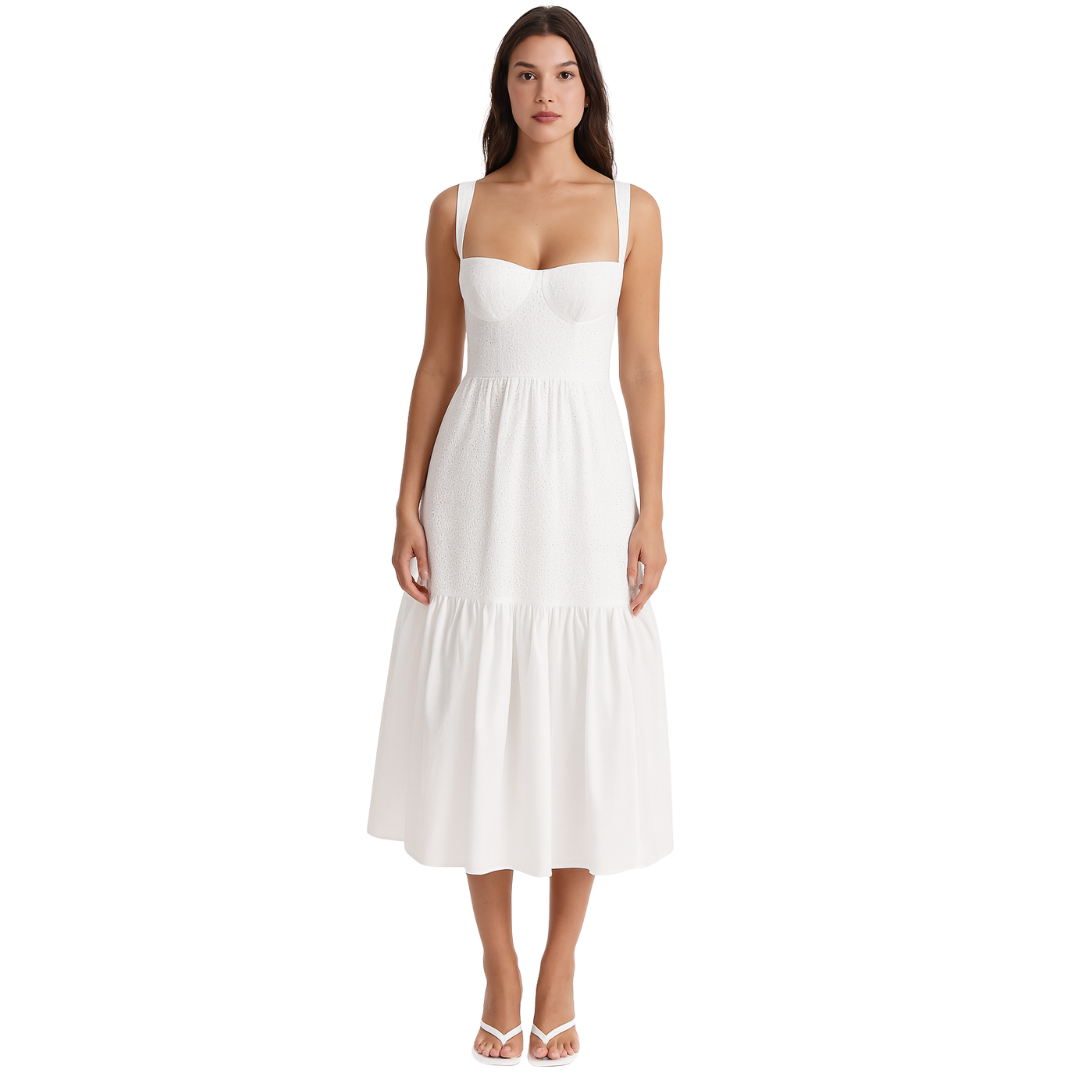 women’s jacquard midi dress in white, front view – The Olace