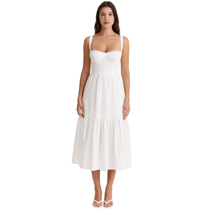 women’s jacquard midi dress in white, front view – The Olace
